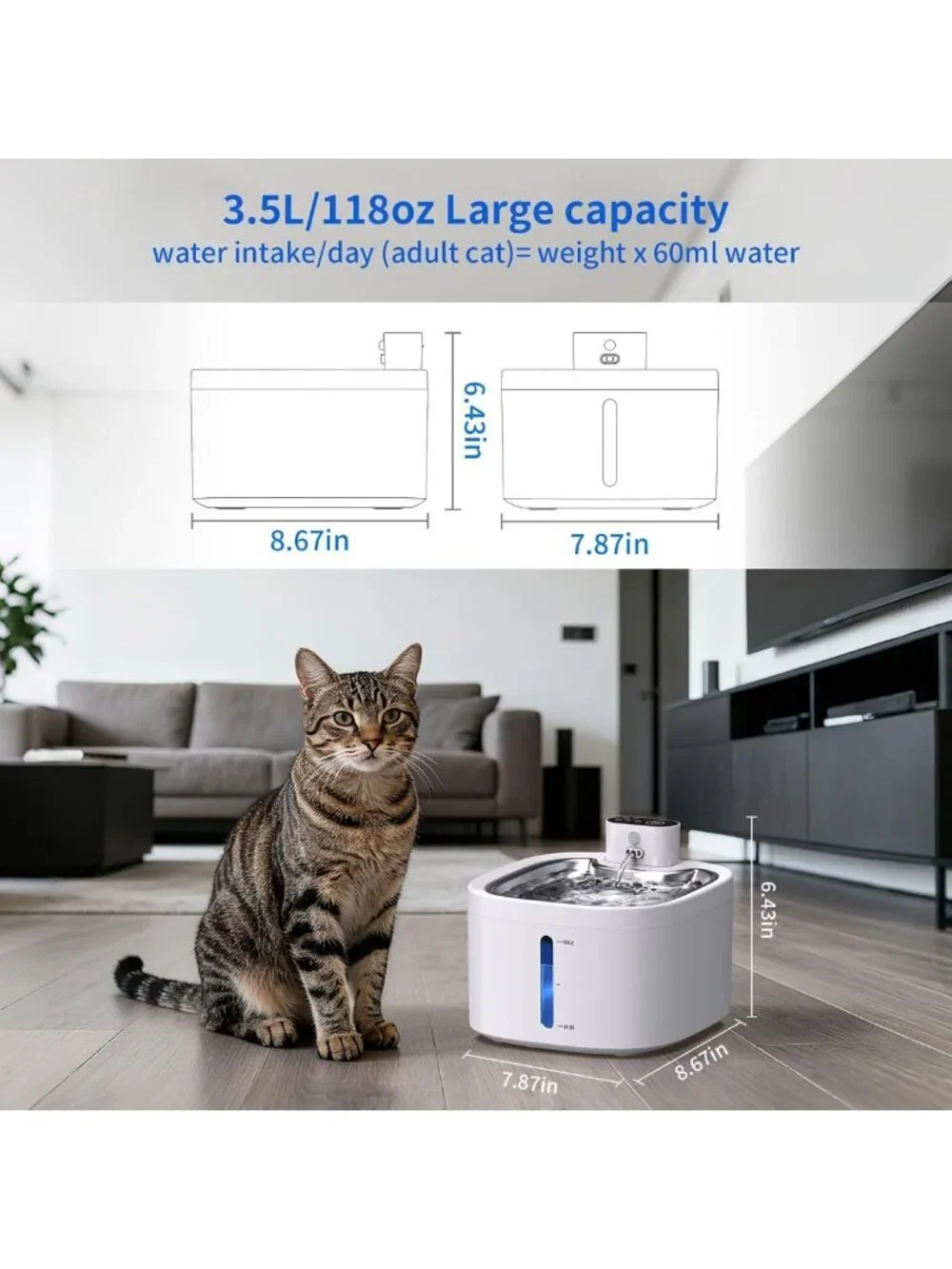 Wireless Cat Water Fountain - 3.5L Battery Operated, Motion Sensor, Quiet